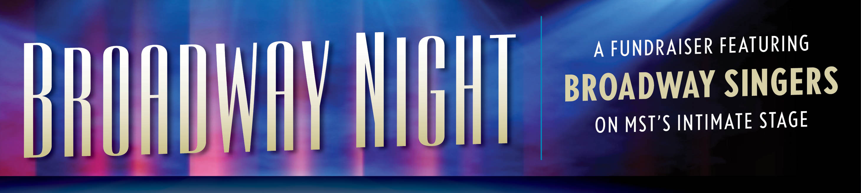 Broadway Night key art. The title of the show is lit up by spotlights on a stage in front of a red curtain.