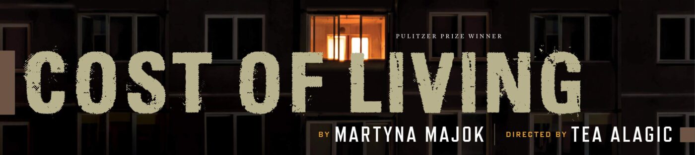 Cost of Living Key Art. Title of the show is shown in front of an apartment building with one orange light on in a window. It is dark and foreboding.