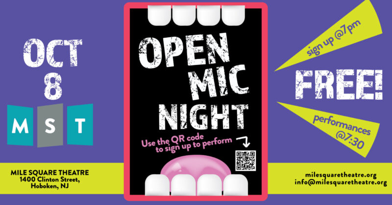Open Mic Night at MST October 8th. Image: The Words "open mic night" in a large square cartoon mouth.