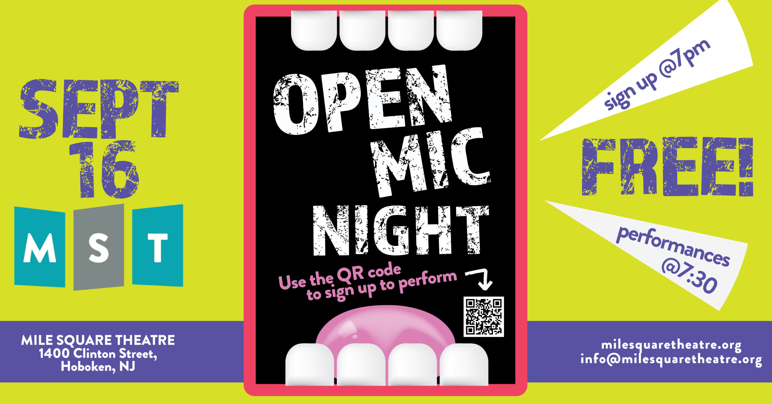 Open Mic Night Graphic. A big, square mouth that has the title "Open Mic Night" in it.