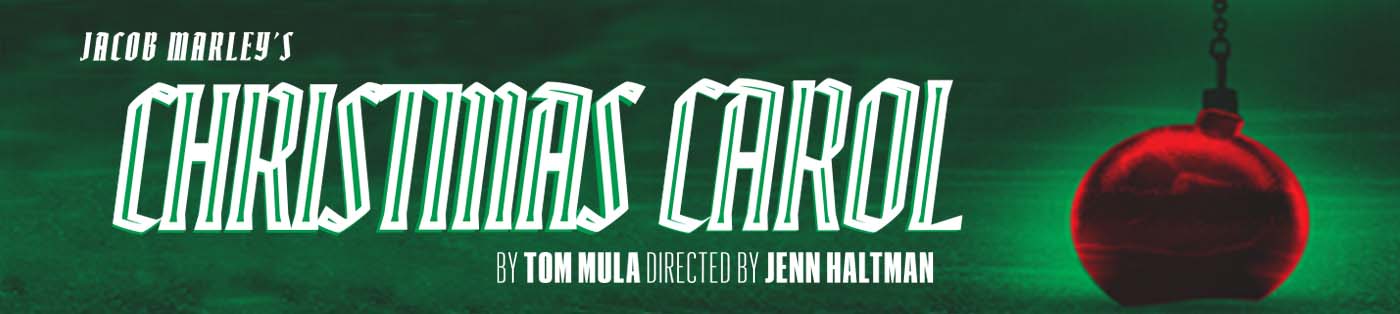 A banner for Jacob Marley's Christmas carol featuring a Christmas ornament with a chain attached to its top.