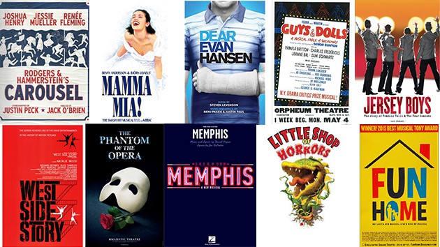 Show posters from all of the Broadway shows our performers have done, including Carousel, Mamma Mia, Dear Evan Hansen, Guys and Dolls, Jersey Boys, West Side Story, Phantom of the Opera, Memphis, Little Shop of Horrors, and Fun Home.